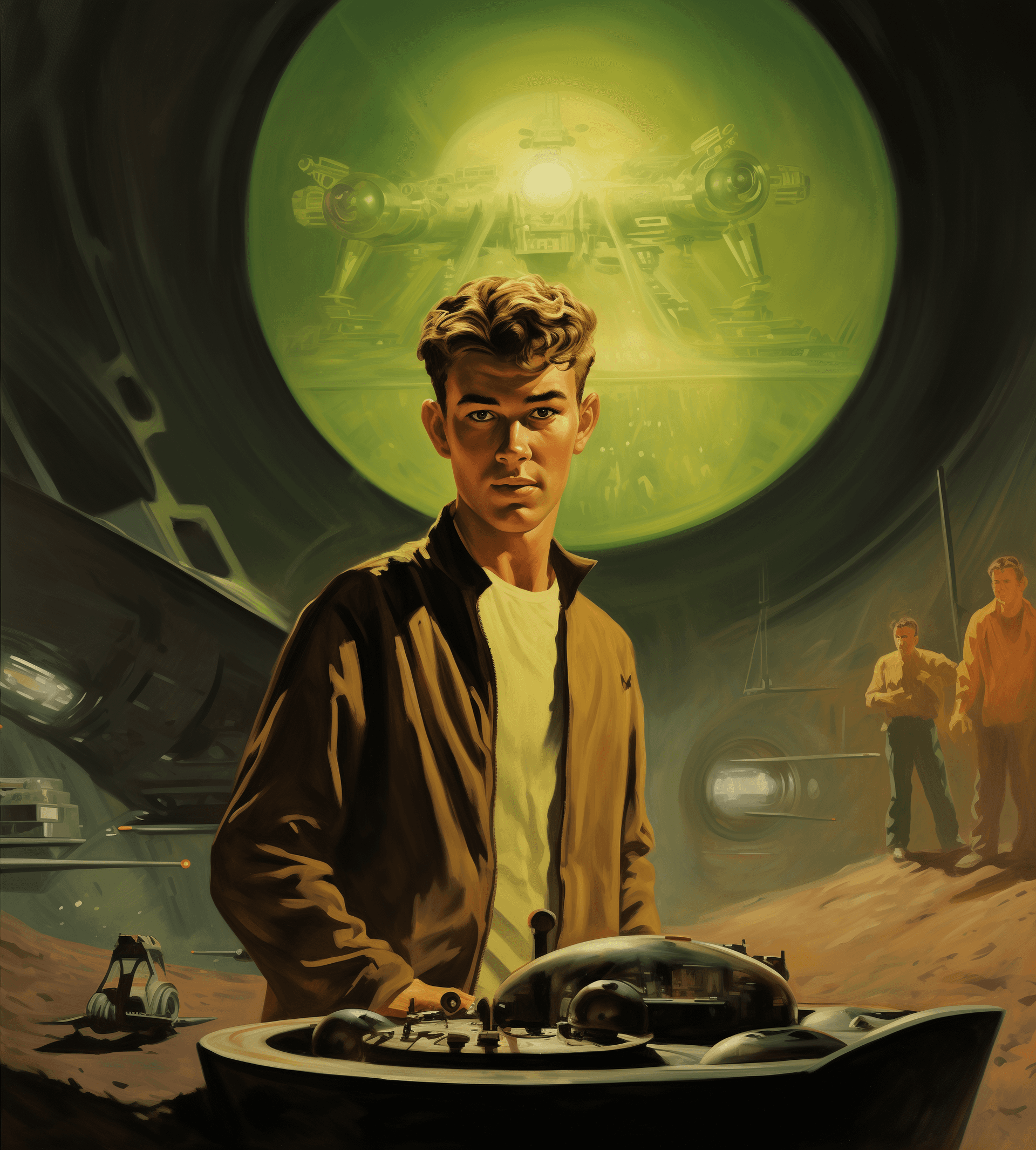 AI generated: A young man in a yellow shirt sitting on top of an alien skull, holding an old pistol and looking at...