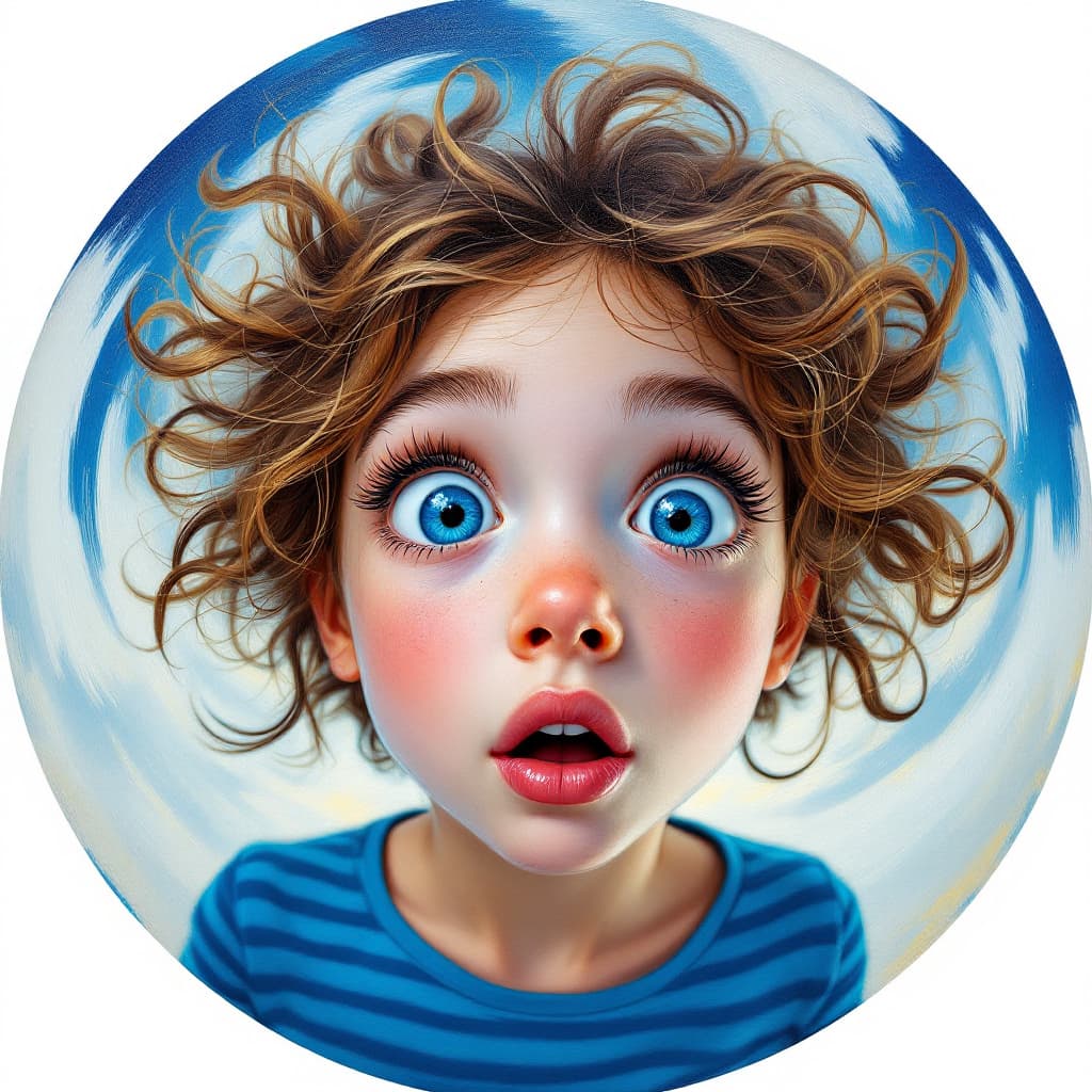 AI generated: fisheye effect circular composition oil painting, central close-up of a girl's face with large eyes,...