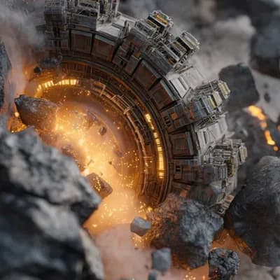AI generated video: A massive industrial space mining machine embedded in a dense asteroid field, rotating slowly as it ...