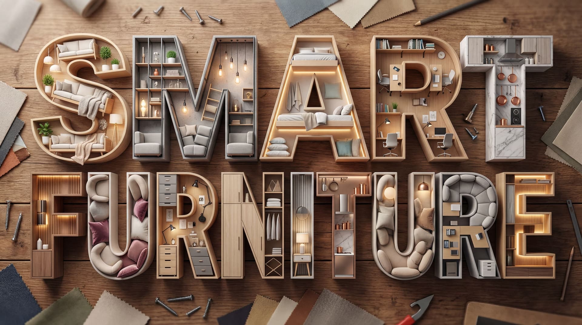 AI generated: A maximalist 3D typographic artwork where the entire word “SMART FURNITURE” is constructed from a la...