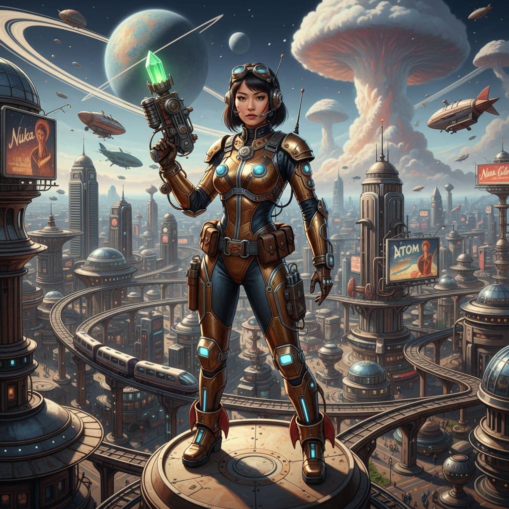 AI generated: -0-A 30-year-old Japanese beauty.Atompunk,Whole body image, High Angle Shot, cinematic shot, Center ...