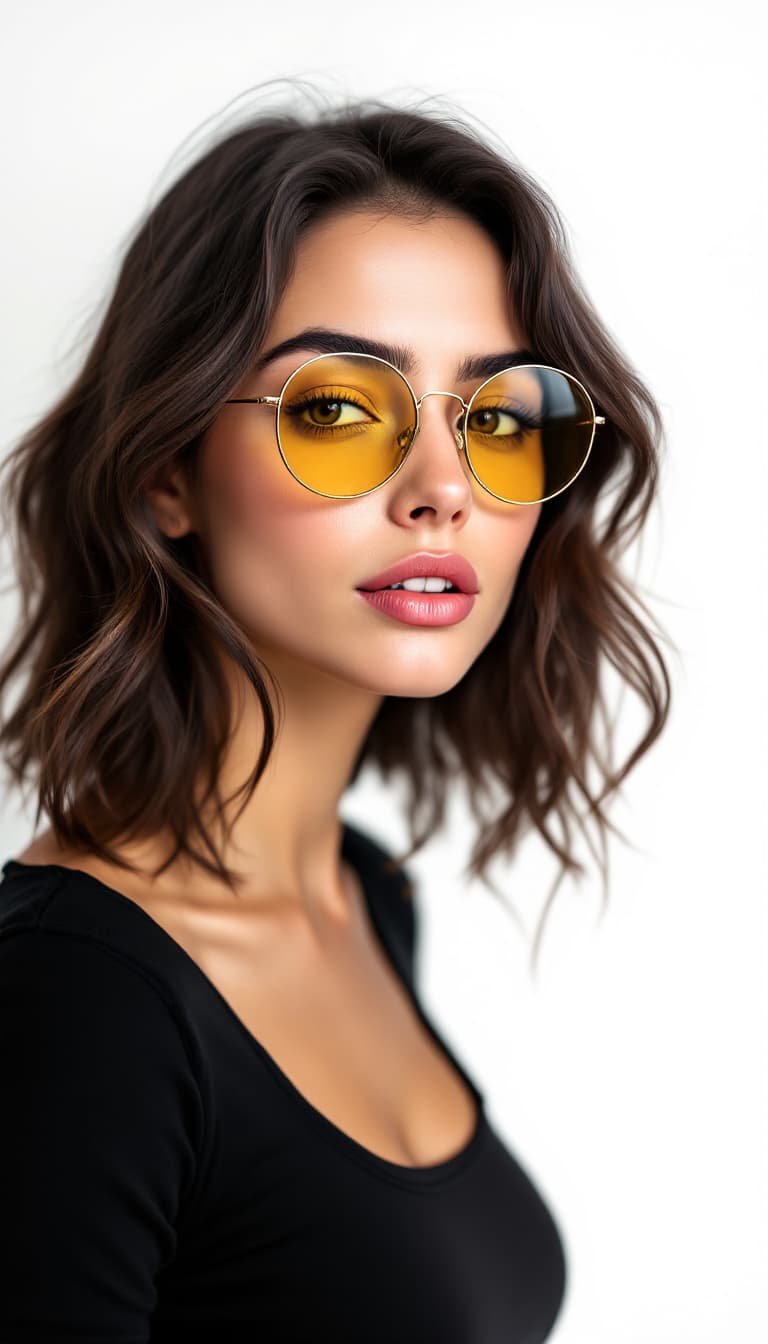 AI generated: A full-face, studio-quality portrait of a young woman with medium-length wavy dark brown hair, looki...