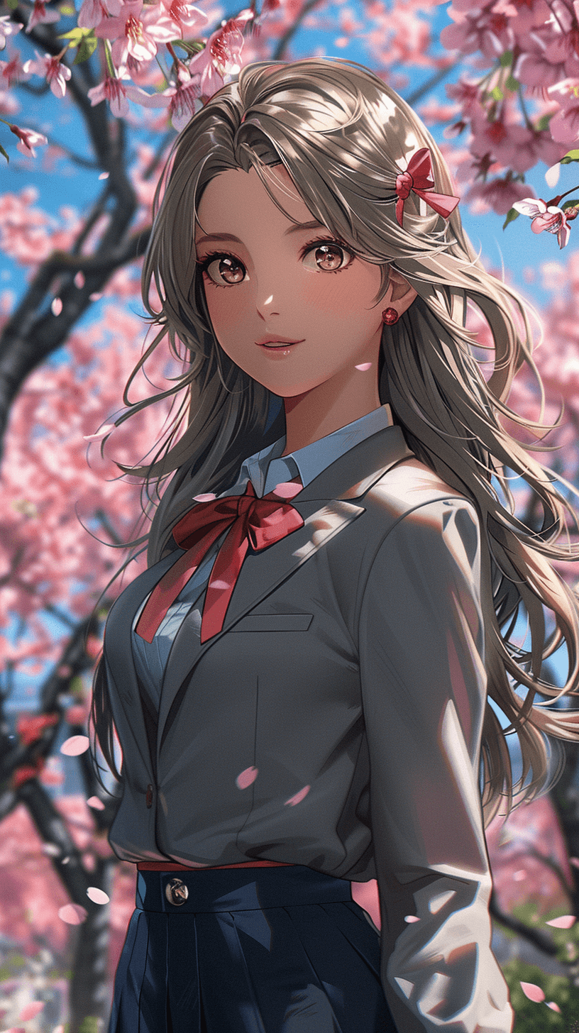 AI generated: A beautiful girl in a college-style uniform, a black knee-length pleated skirt, a white shirt with a...