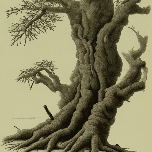 AI generated: Botanical illustration of a large bare tree with flaky bark with its roots visible by Pierre-Joseph ...