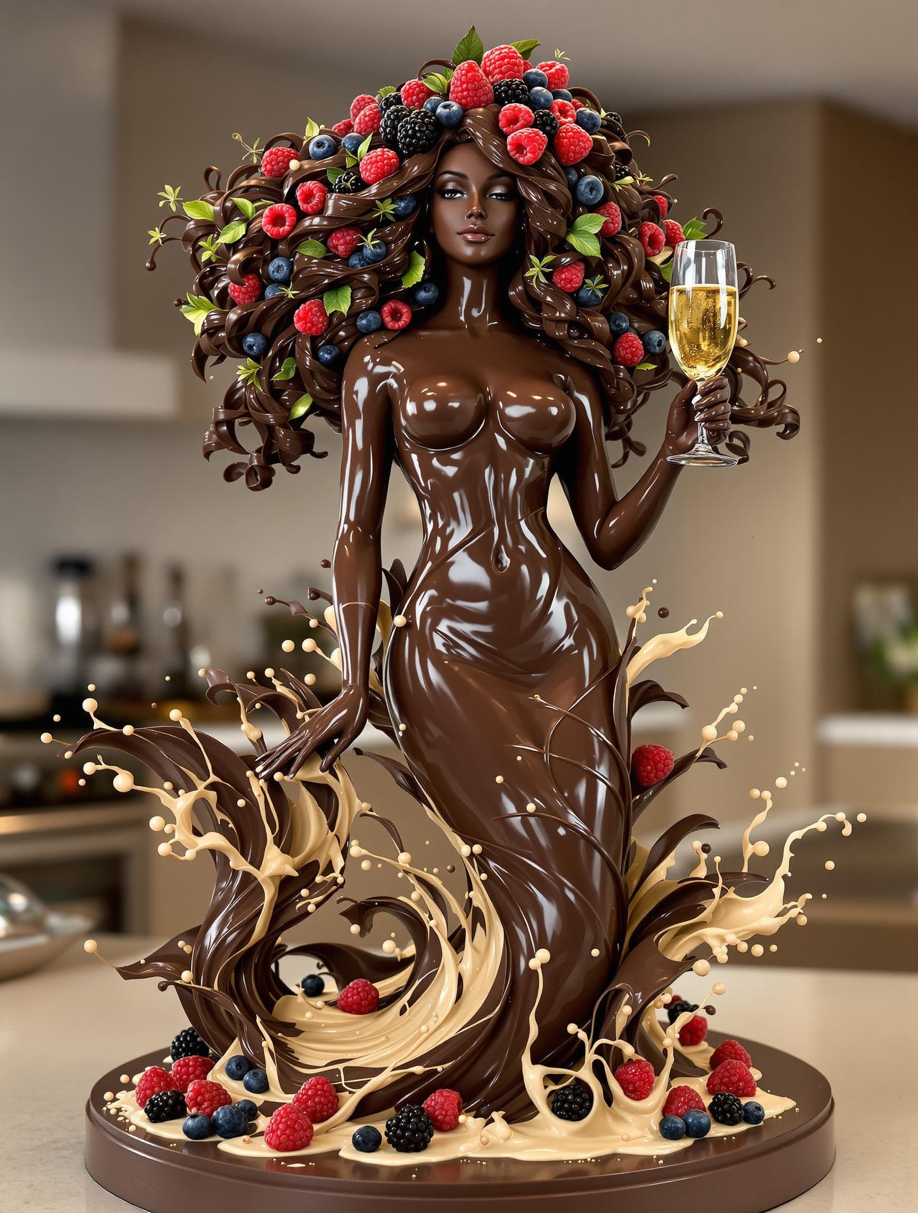 AI generated: Chocolate Dessert with fresh fruit and champagne. 
