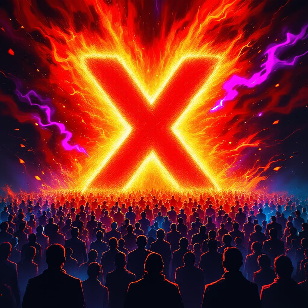AI generated: "A giant, fiery red X dominates the center of a social media interface, crushing faded, ghost-like p...