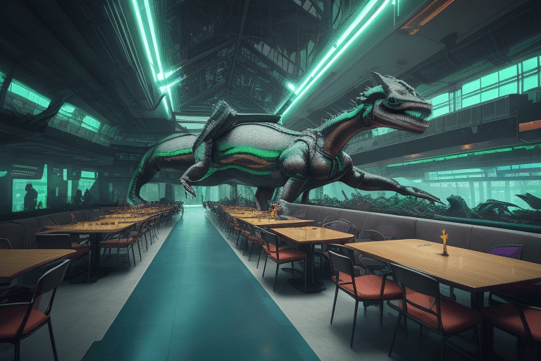 AI generated: Futuristic CyberPunk interior photo of a dining hall area in a station celebratory decorations atten...