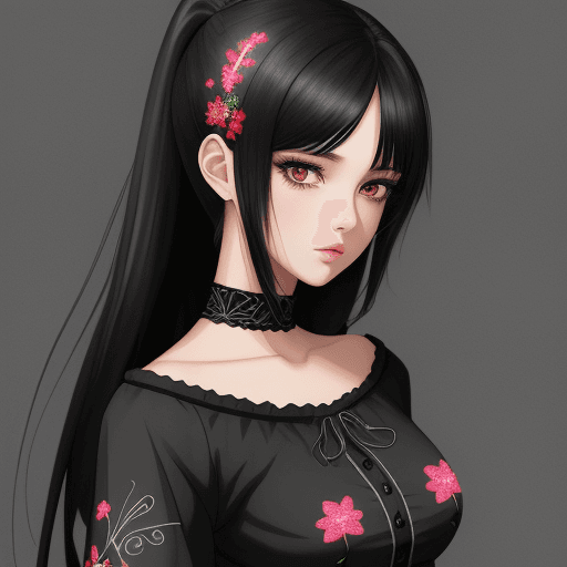 AI generated: A gorgeous looking girl with a black hair and black dress, embroidered , anime style