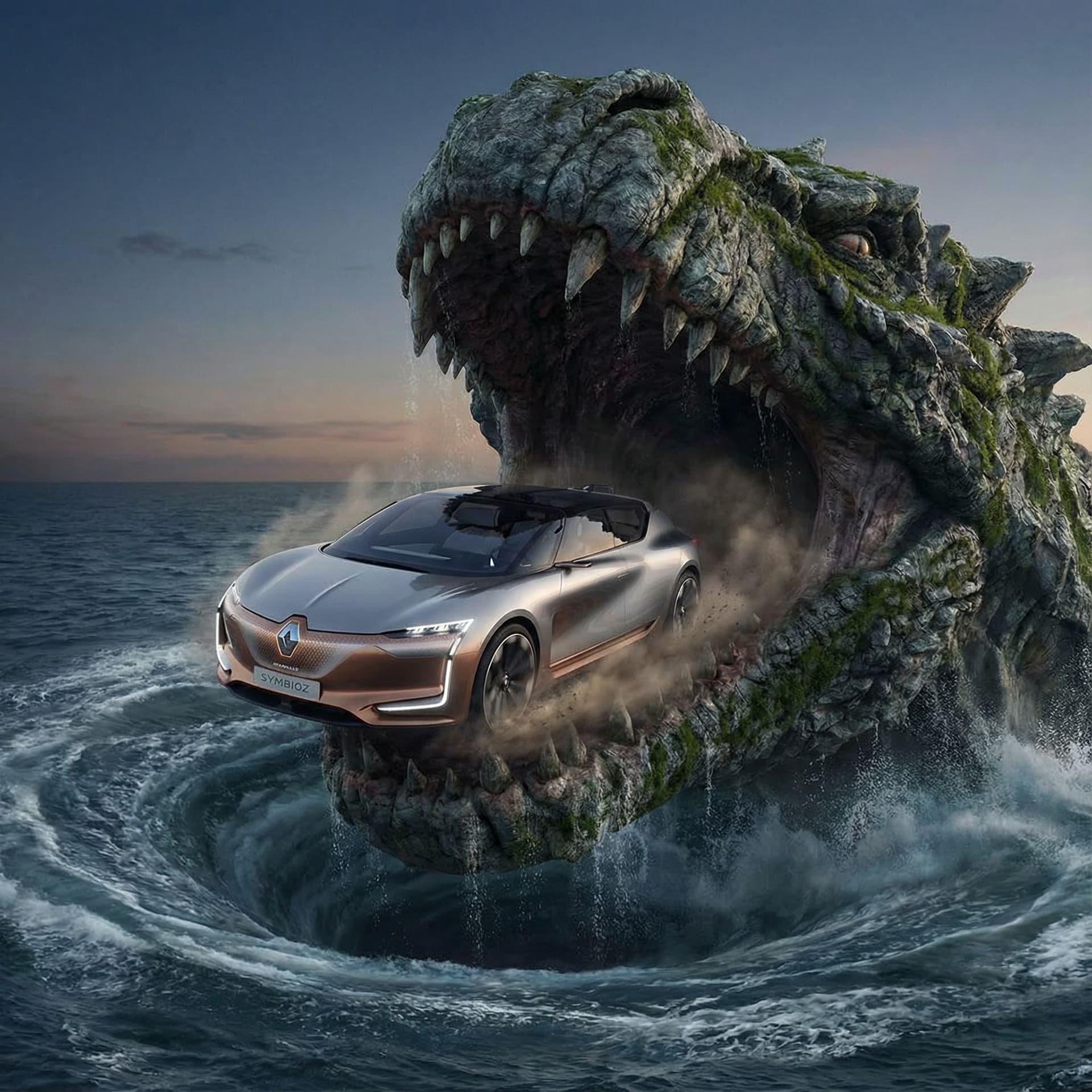AI generated: A Renault Symbioz car escaping from the mouth of a monster