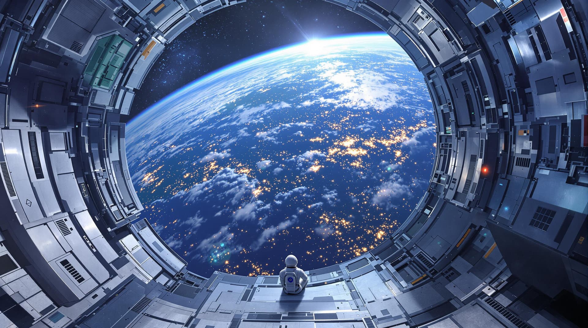 AI generated: illustration, sci-fi concept, small futuristic astronaut sitting at the threshold of a gigantic spac...
