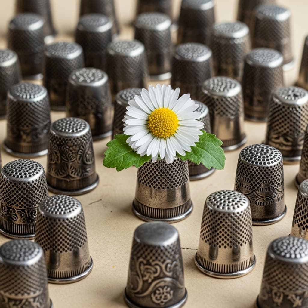 AI generated: portrait of a hundred silver thimbles strewn on the page. out of one thimble there is a gorgeous dai...