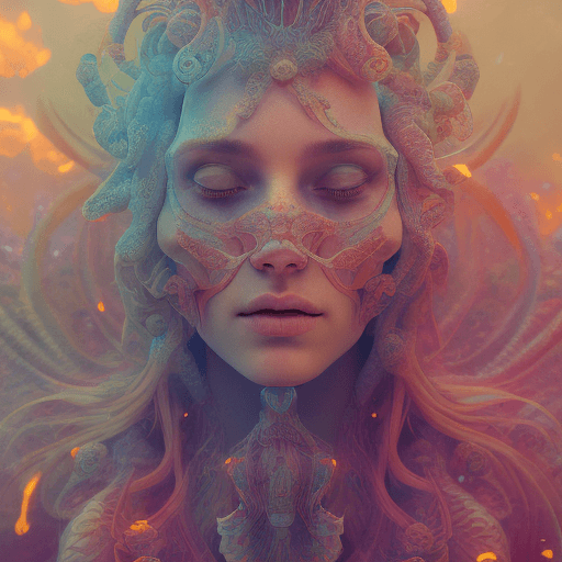 AI generated: Goddess close-up portrait ribcagel. jellyfish phoenix head, nautilus, orchid, skull, betta fish, bio...