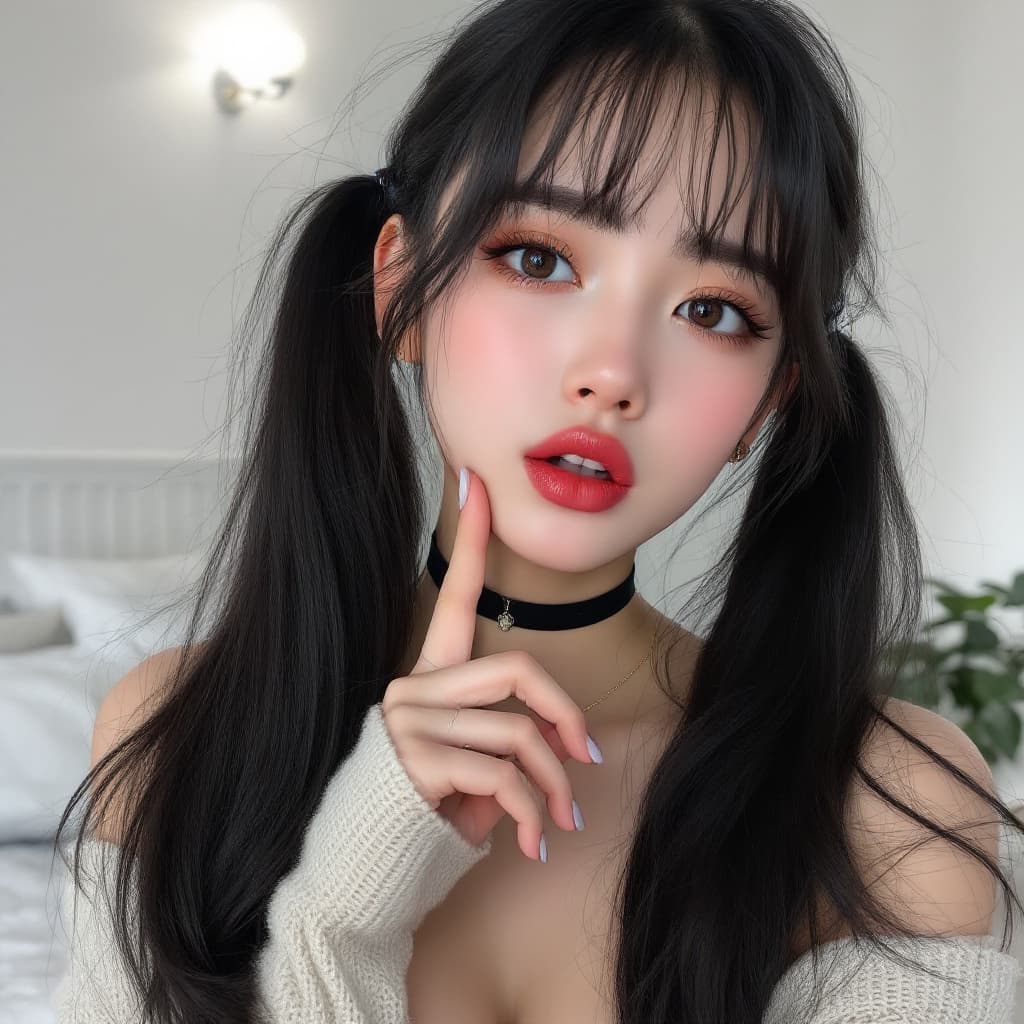 AI generated: A photo of an Asian girl with long black hair, bangs, and twin tails, wearing a choker necklace, in ...