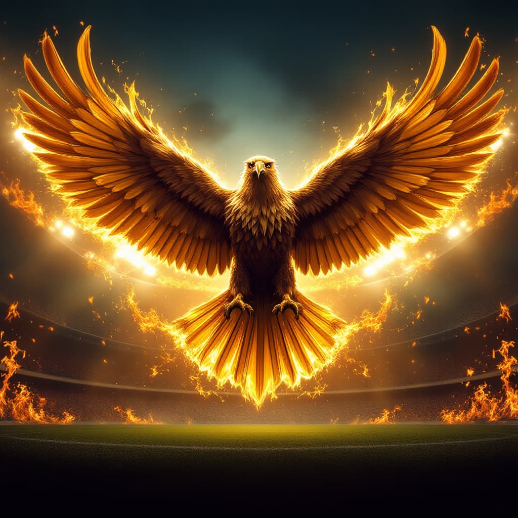 AI generated: "A majestic Garuda eagle soaring proudly above a soccer field, captured in a dynamic pose with its w...