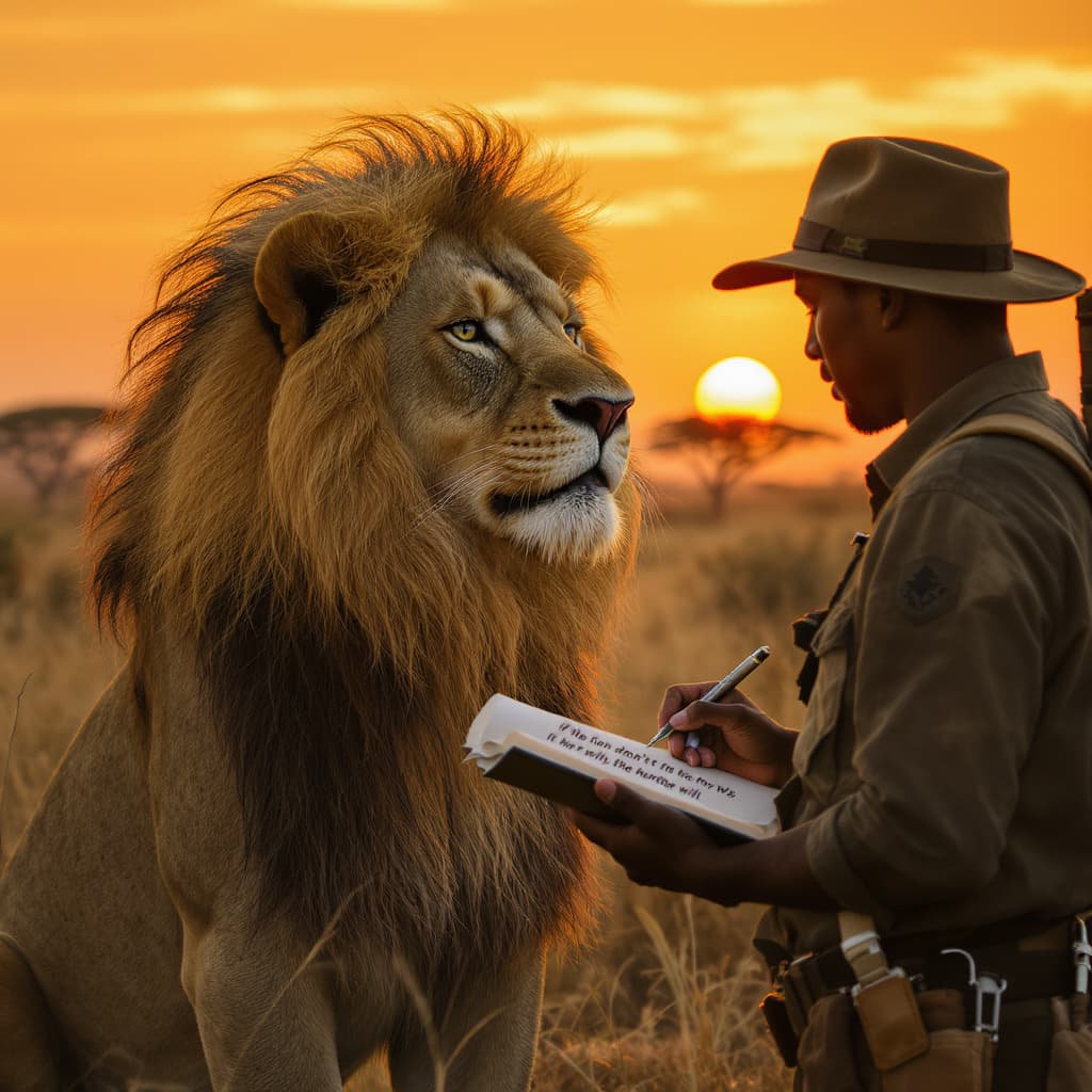 AI generated: image based on African Proverb with the text 'If the lion doesn’t tell his story, the hunter will.'