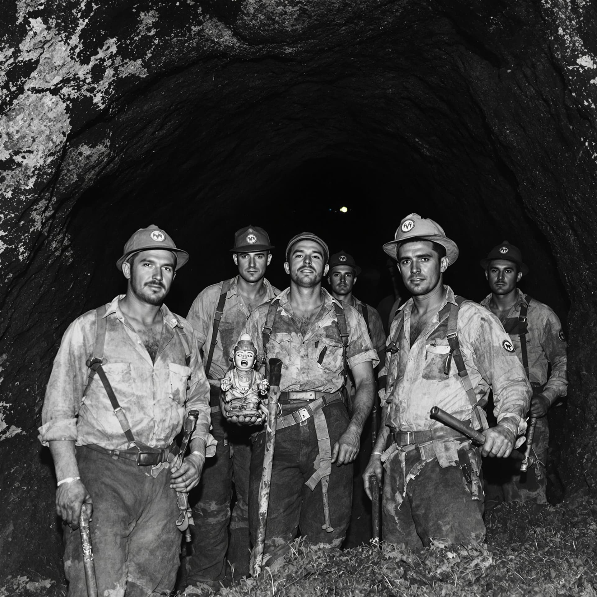 AI generated: An old, weathered black-and-white photograph showing a group of miners standing at the entrance of a...