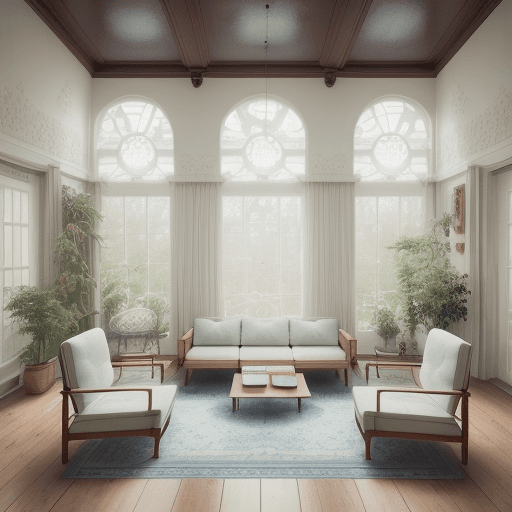 AI generated: High resolution photography interior design, dreamy sunken living room conversation pit, wooden floo...
