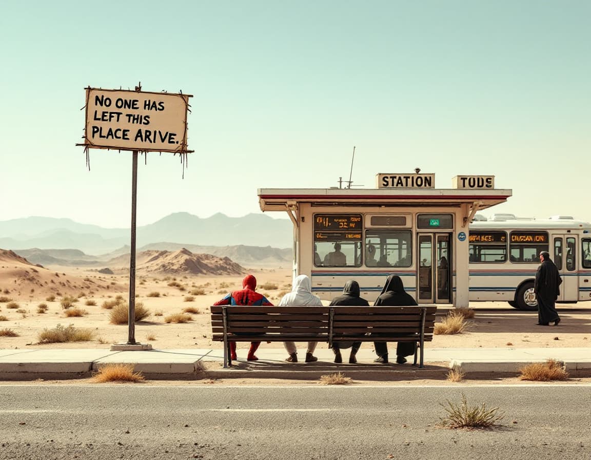 AI generated: wide shot of a bus station located in the middle of the dessert, on the bench are one muslim. one or...