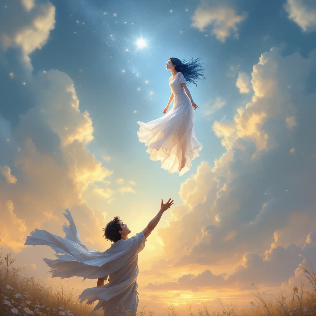 AI generated: A deeply emotional scene where the spirit of the girl ascends towards the sky, leaving her earthly f...