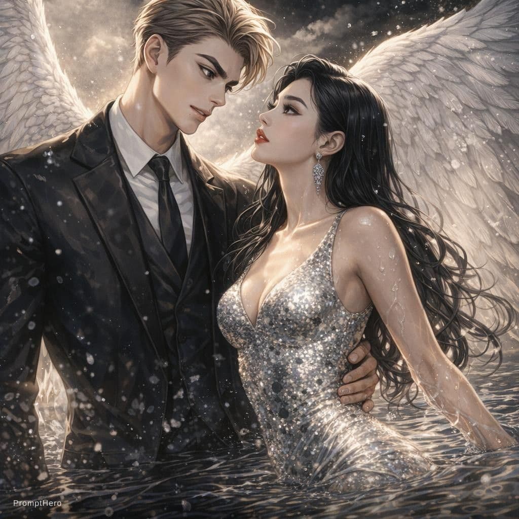 AI generated: an animated film about an angel and a woman in a silver dress, in the style of celebrity image mashu...