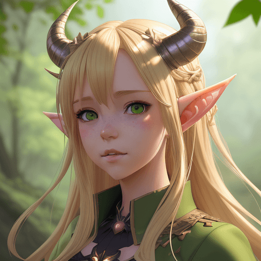 AI generated: blond haired girl with horns and green leaves on her head, detailed digital anime art, loish and wlo...