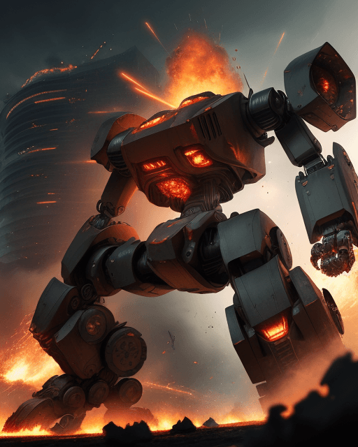 AI generated: In the center of a fiery battlefield. (gigantic mechanical military vehicle:1.9) in form of Crab, (g...