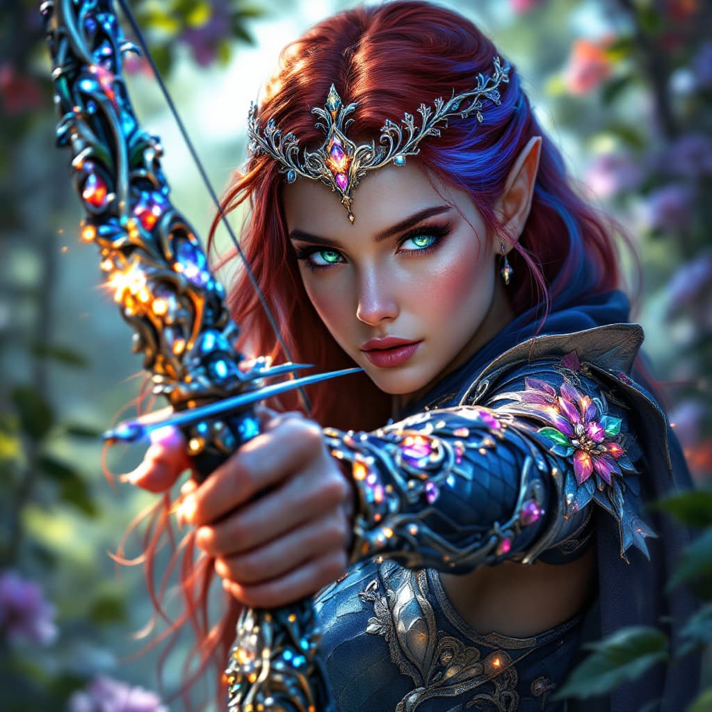 AI generated: A hyper-detailed fantasy artwork with a luminous and polished aesthetic. The central figure is a mys...