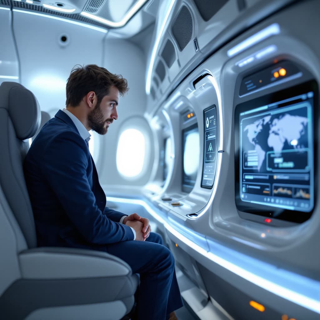 AI generated: a young girl is asking questions to a engineer such as how the future aircraft cabin look like? Conn...