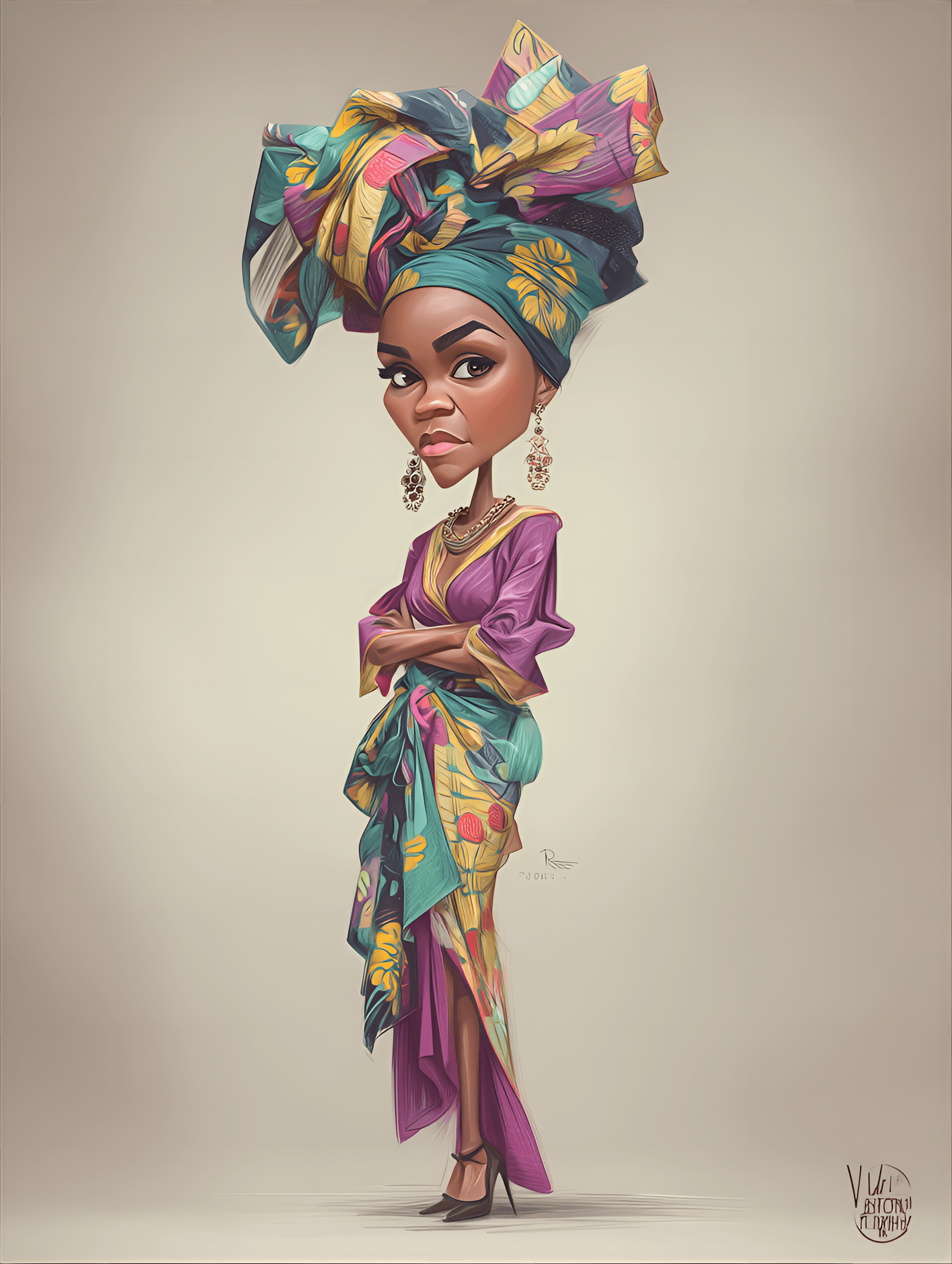 AI generated: funny caricature, cultural fashion icon caricature, adult african female, 29 years old, dark skin, c...