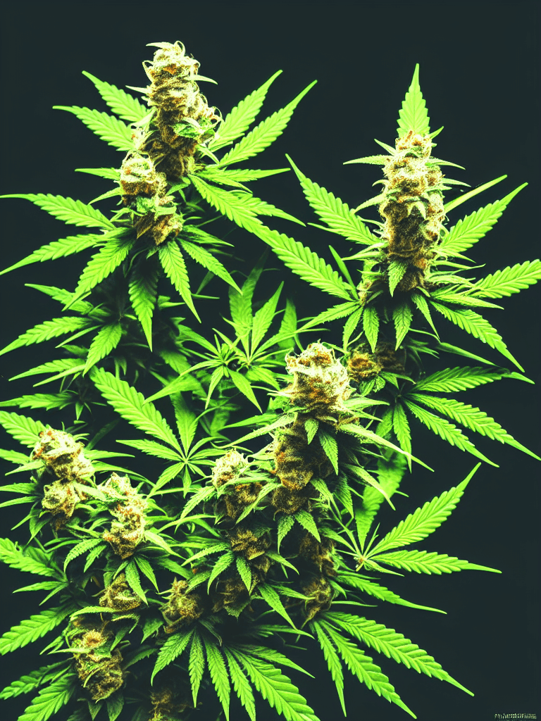 AI generated: A 35mm photography of a highly detailed cannabis plant in bloom, full size, sativa, day time, photor...