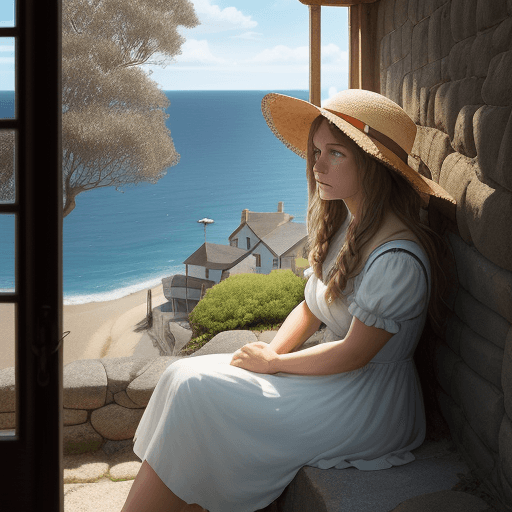 AI generated: Photphotorealistic image of a woman in a summer dress and straw hat sitting on the stone wall of an ...