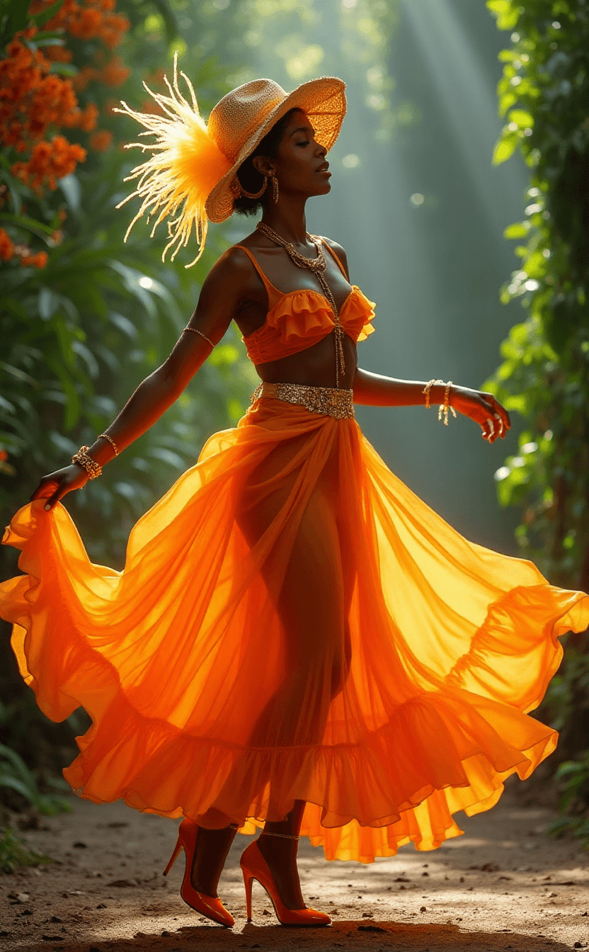 AI generated: The full body photo captures a breathtaking scene of a beautiful dark skinned Cuban woman dancing in...
