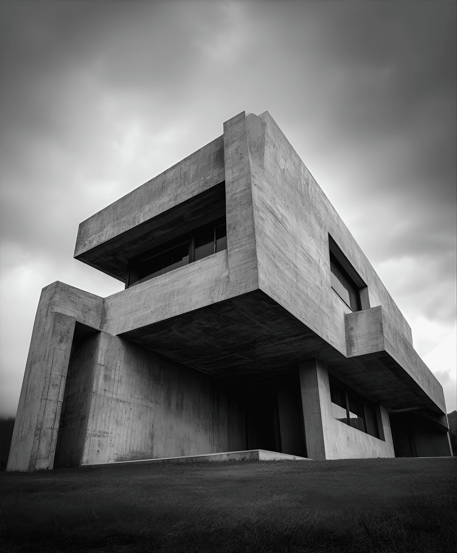 AI generated: Brutalist architecture, concrete house, urban landscape, detailed textures, cloudy overcast sky, nat...