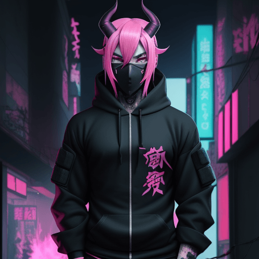 AI generated: soldier, shikigami, anime men, Ninja, wearing black with pink and cyan hoodie, marks, demon horns, t...