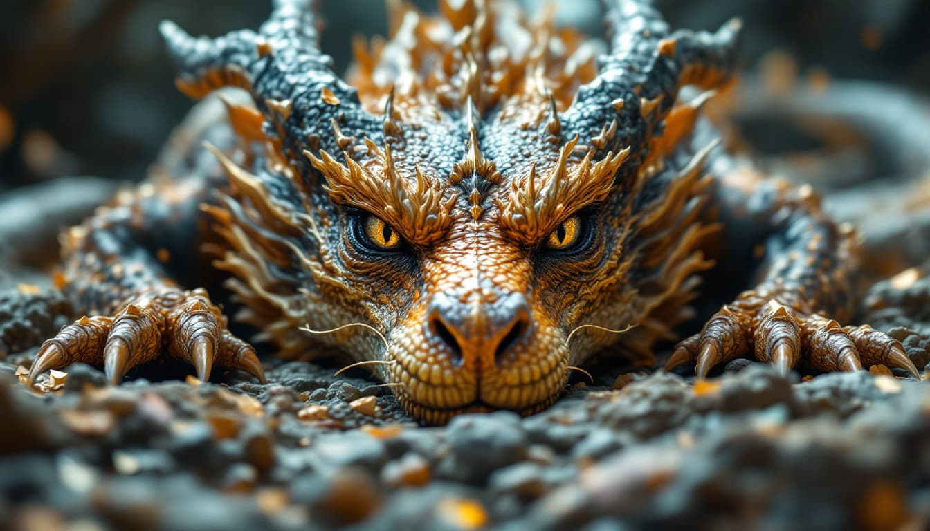 AI generated: incredible shot of a magnificent dragon waking up from a thousand years of sleep, the gaze from half...