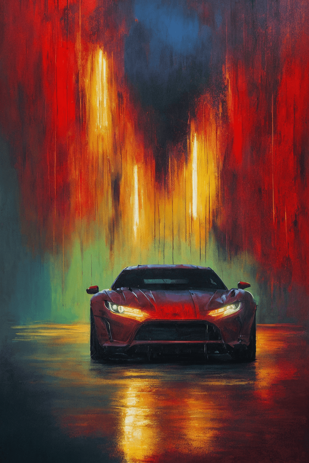 AI generated: dark shot, epic realistic, abstract expressionist painting red race car, in the style of sam spratt,...