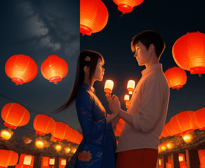 AI generated: Deep blue sky, orange, Kongming lanterns flying in the sky, late at night girl and boy in love ,flow...
