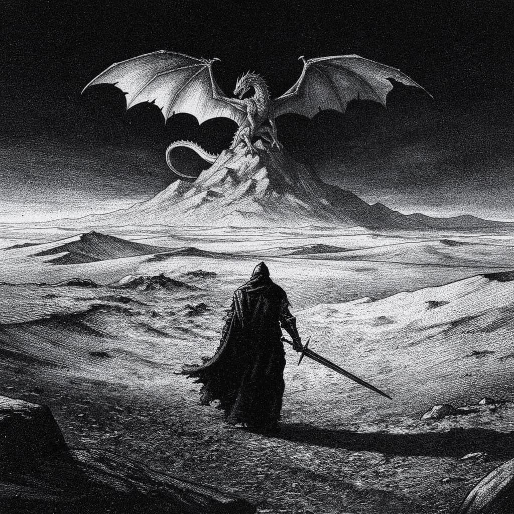 AI generated: A colossal dragon perched on a jagged mountain peak in the style of dark fantasy etchings and ink il...