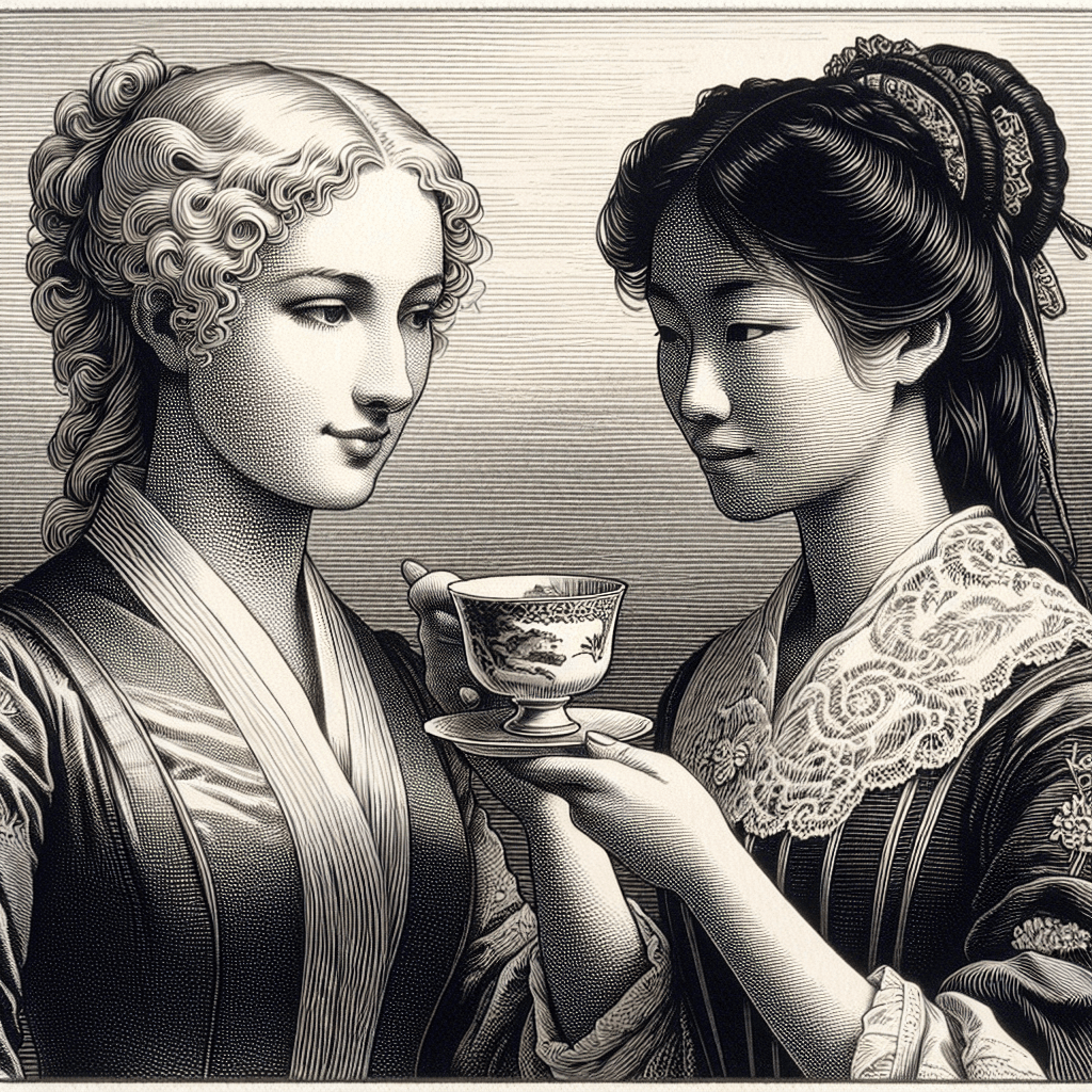 AI generated: copperplate engraving, two women hold a tea cup