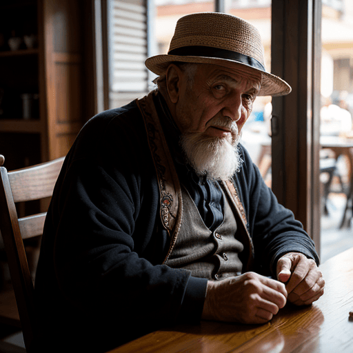AI generated: cinematic portrait photo of a very interesting turkish old man inside a cafe, sitting in a chair in ...