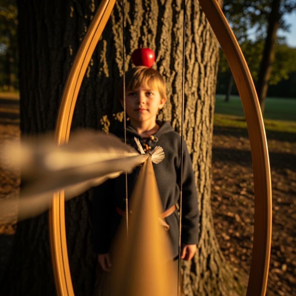 AI generated: an extremely detailed picture of William Tell's son standing against a tree with an apple on his hea...