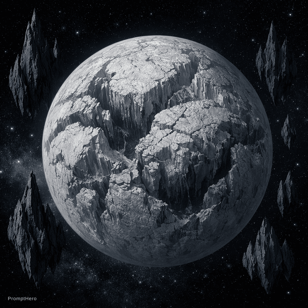 AI generated: a light grey planet with lots of deep canyons scattered all over its surface as well as tall black m...