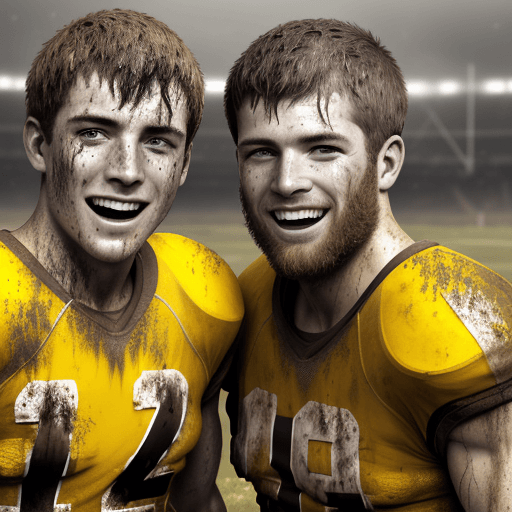 AI generated: two grinning rugged sweaty, muddy, caucasian american football players with short hair, squirting ye...