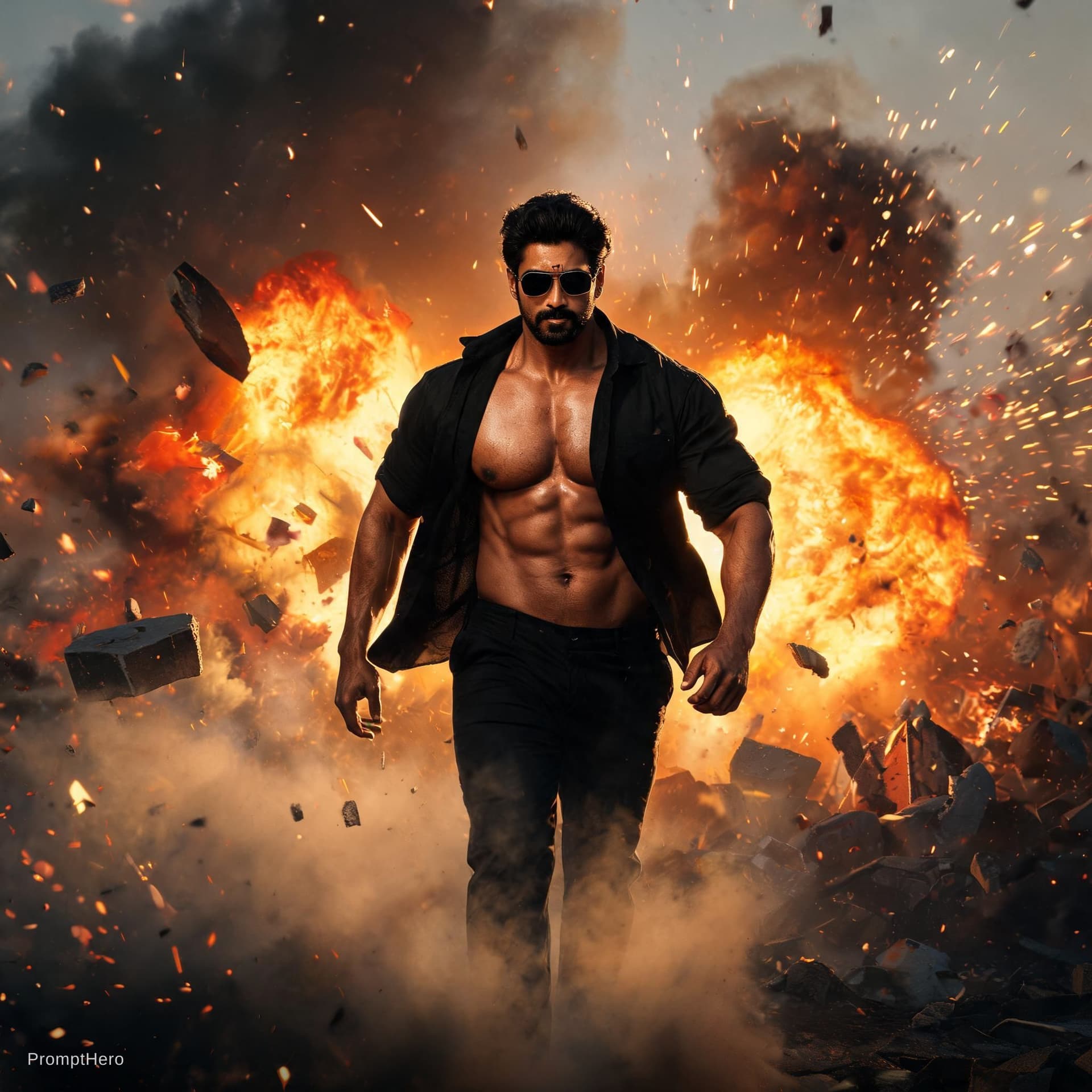 AI generated: A high-octane South Indian mass action movie scene. A fierce and muscular male action hero in a styl...