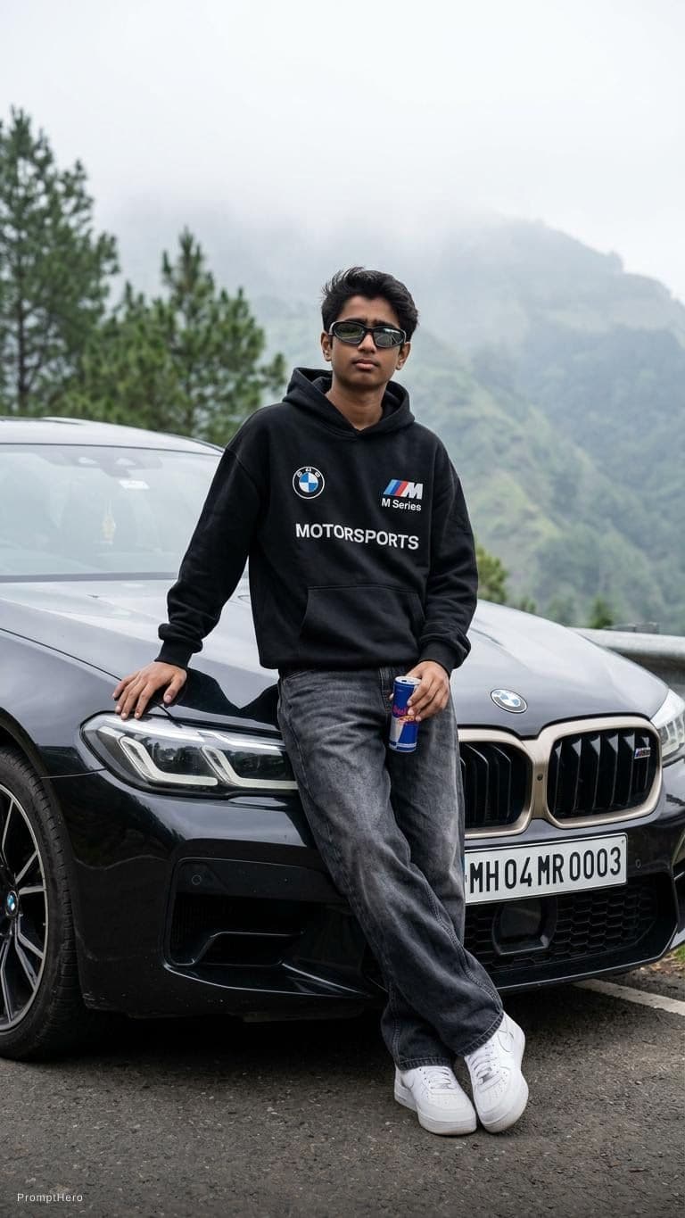 AI generated: Ultra-realistic 8K photo, my face preserved 100% exactly as uploaded. Young man leaning near the hoo...