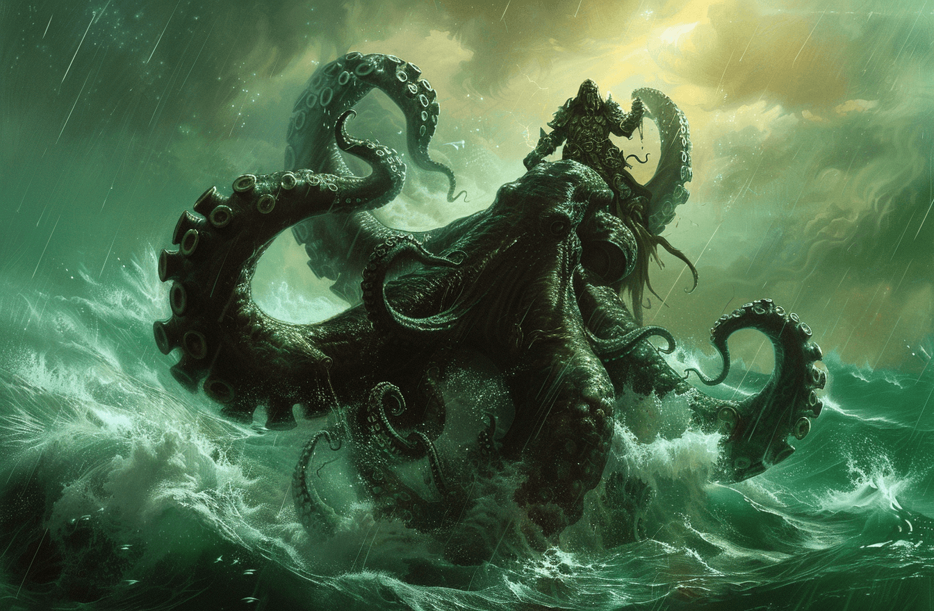 AI generated: The God of the Sea, rising from his throne in stormy waters riding on top of an octopus monster, dar...