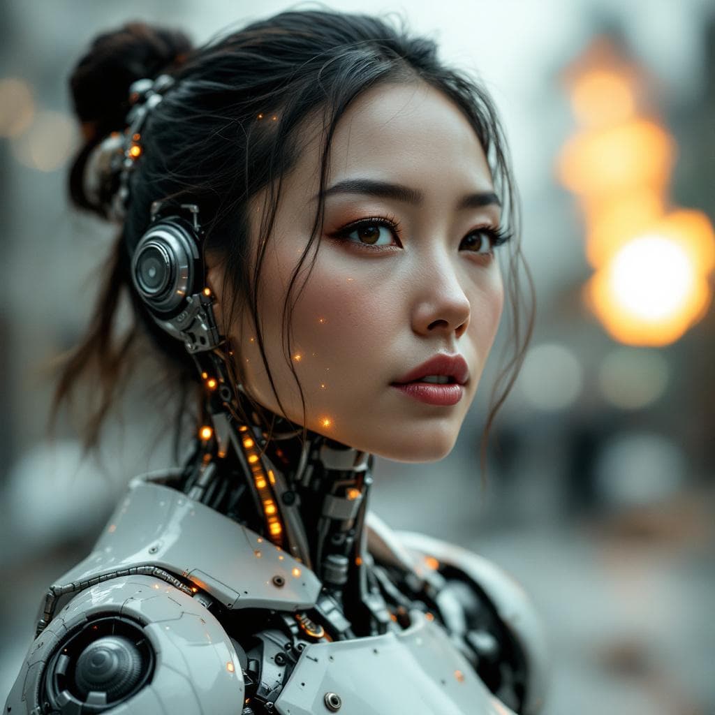 AI generated: asian lady has had her parts of her body replaced by robotic parts after being involved in an explos...