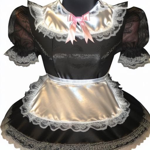Black and White Shiny Brocade Satin Maid Dress with Pink Bow