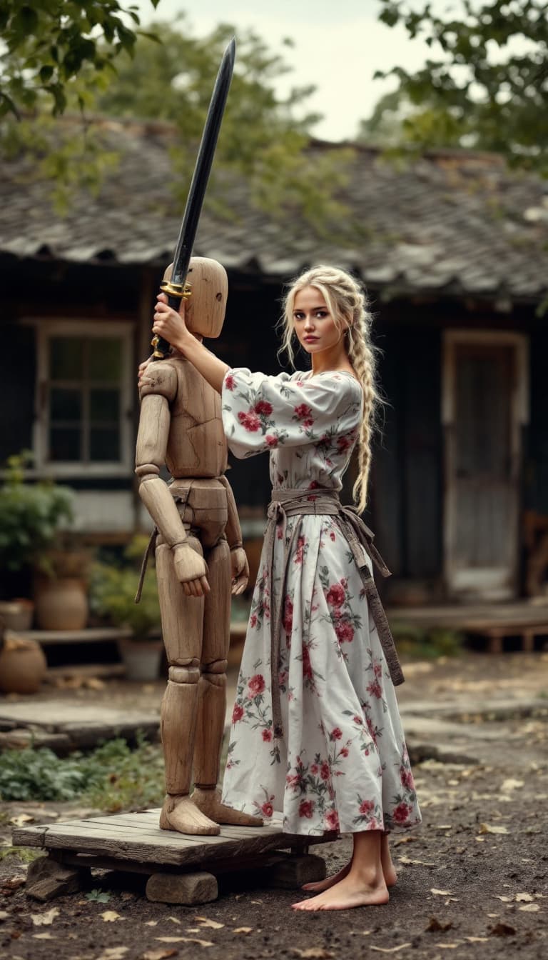 AI generated: full body view of A very beautiful minute blonde woman with braids, flowery dress, barefoot (((show ...