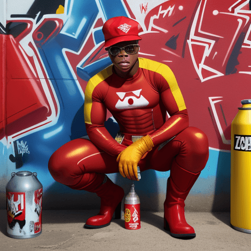 AI generated: JOHN BOYEGA IN A RED SPANDEX SUIT, WITH YELLOW GLOVES AND BOOTS , SUNGLASSES AND RED BACKWARDS CAP H...